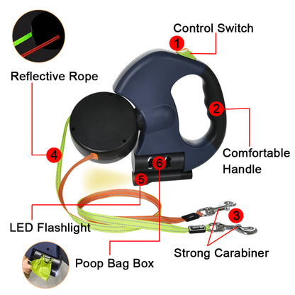 Correa Doble para 2 Perros con Luces LED — Antienredos y Reflectante, 3m